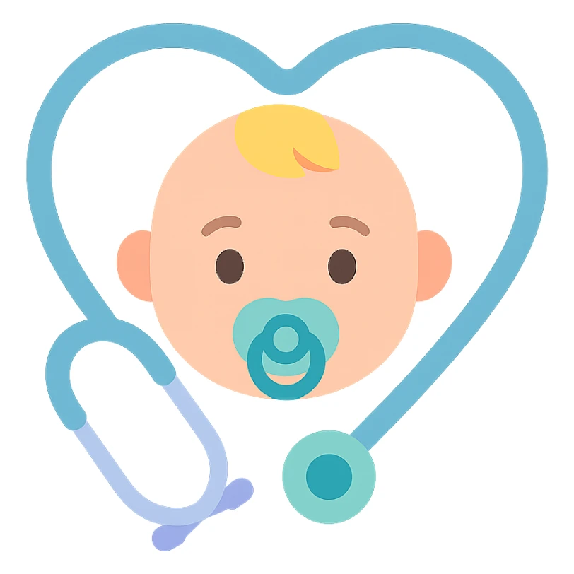 Prompt (на английском, как принято для генерации изображений):
"A clean, high-quality vector illustration of a baby's face with a pacifier, surrounded by a stethoscope forming a heart shape around the head. The design should include soft shadows and glossy highlights for depth and realism. Smooth lines, pastel color palette, minimalistic but expressive details. Ideal for a medical or pediatric logo or illustration. White backgroun sticker