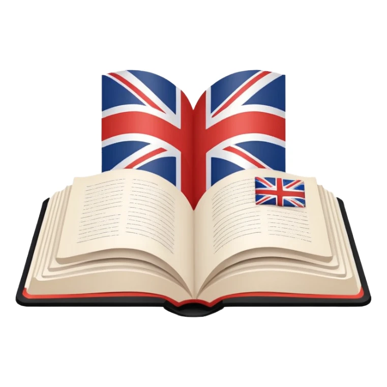 Minimalistic flat vector icon, iOS style, thin black contour on white background. Open book with a small UK/USA flag symbol. No text, no shadows. sticker