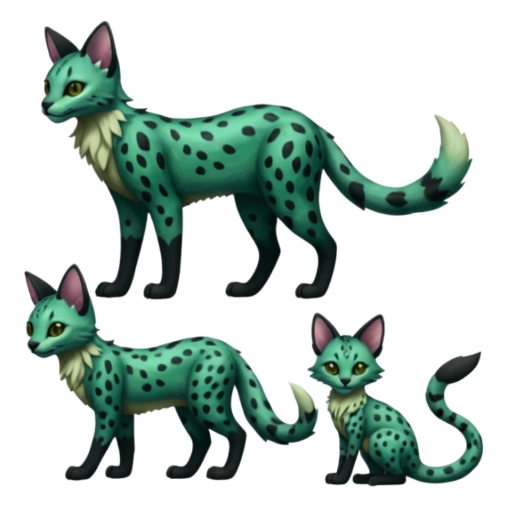 Epic complex detailed dark dusky gloomy deep gothic dark-deep-green, black, realistic Fakémon-Sprigatito-Floragato-Meowscarada-Trico-Sergal-Serval-Vernid-creature (full body) sticker