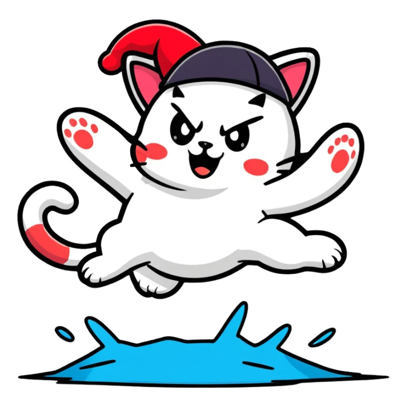 angry cat with a hat jumping into a lake sticker