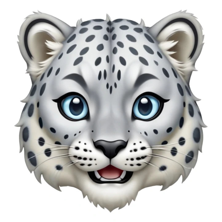 Cinematic-Comical-Snow-Leopard-Portrait-Emoji – Head tilted dramatically with an exaggeratedly amused expression, featuring a thick, spotted white-and-grey coat with a dense ruff around the neck, wide, piercing icy blue eyes filled with playful disbelief zoomed out showing the shoulders sticker