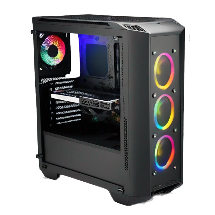 Black gaming PC RGB mid-tower case with glass side panel sticker