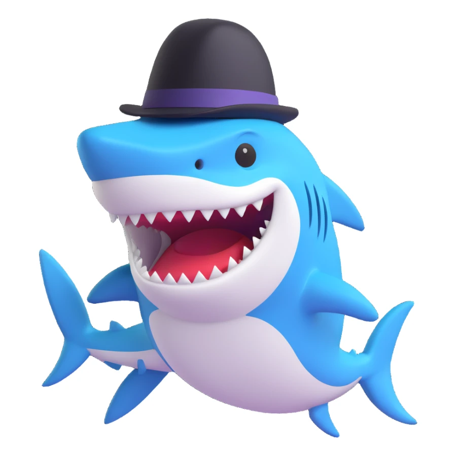 cartoon shark with a black top hat, smiling sticker