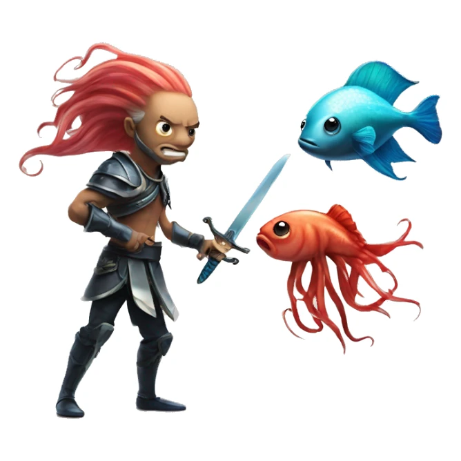 beta fish with sword fighting squid with gave sticker