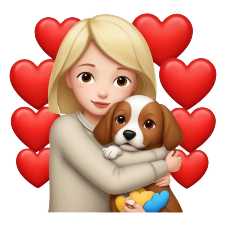 a person hugging a dog with hearts sticker