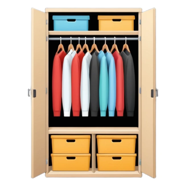 Minimalistic flat vector icon, iOS style, thin black contour on white background. Open wardrobe with neatly arranged boxes inside. Clean, no text, no shadows sticker