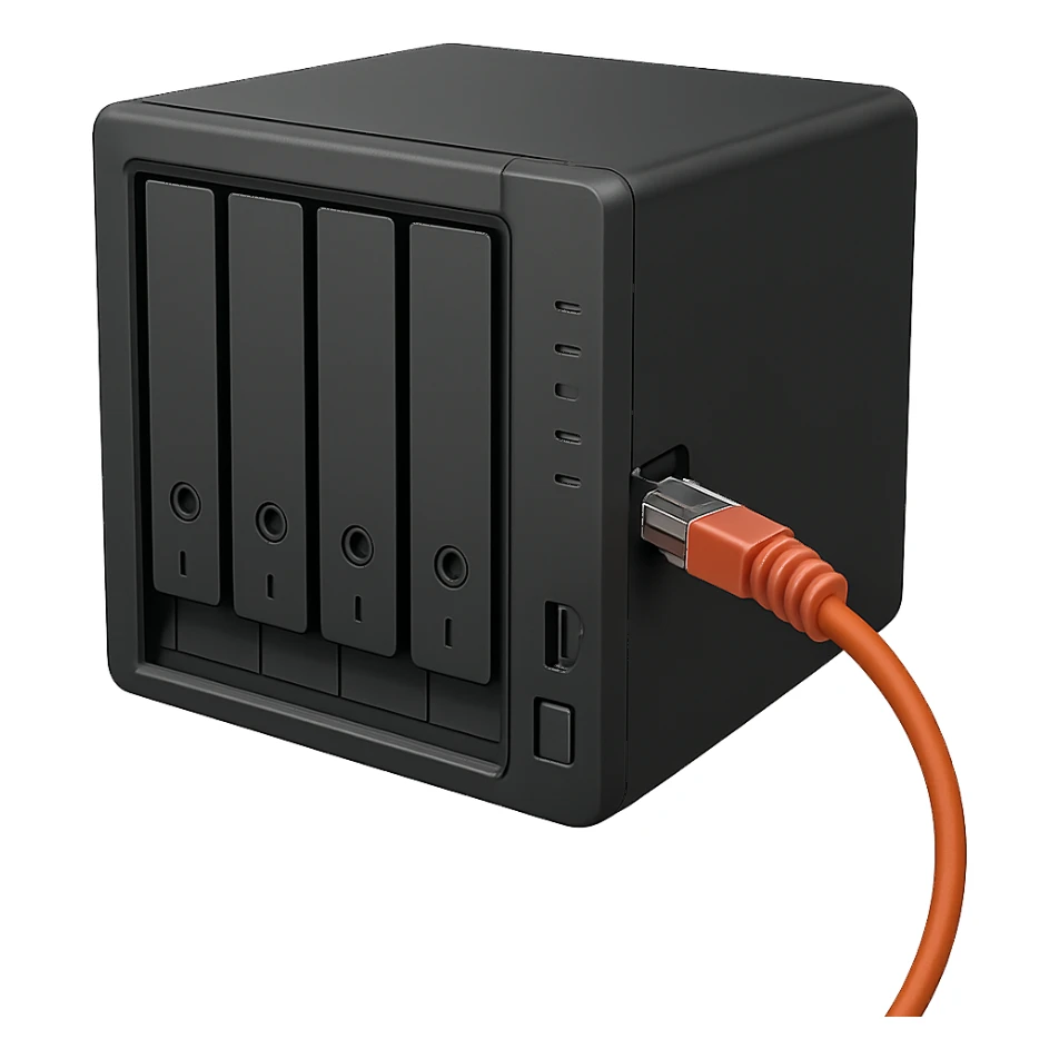 a generic NAS device with a network cable plugged in, simple and recognizable, not branded sticker