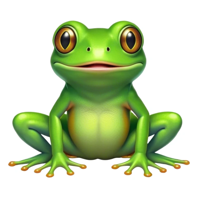 Cinematic Comical Green Tree Frog Portrait Emoji, Head tilted dramatically with an exaggeratedly amused expression, featuring a small, vibrant green body with wide, comically expressive eyes and quirky, textured skin, Simplified yet hilariously expressive features, highly detailed, glowing with a slightly sassy jungle glow, high shine, dramatic yet playful, stylized with an air of cheeky tropical mischief, soft glowing outline, capturing the essence of a meme-worthy green tree frog that looks ready to leap its way into viral fame! sticker