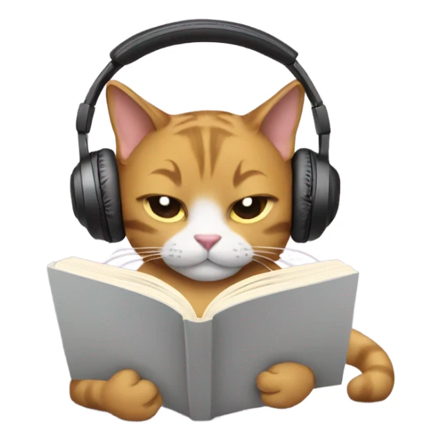 A cat reading a book while wearing headphones sticker