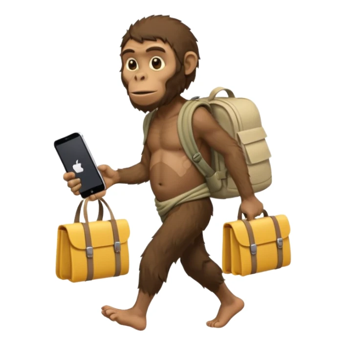 Draw an Australopithecus walking like a nomad, carrying a cloth bundle on its back and holding an iPhone in one hand and an open laptop (screen visible) in the other, in a cute flat iPhone emoji style sticker