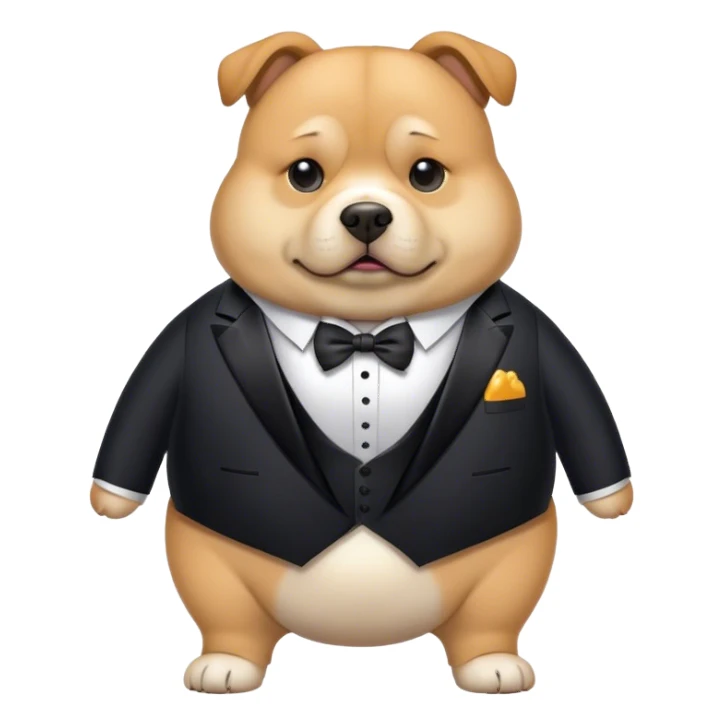 fat dog wearing a reflective tuxedo sticker