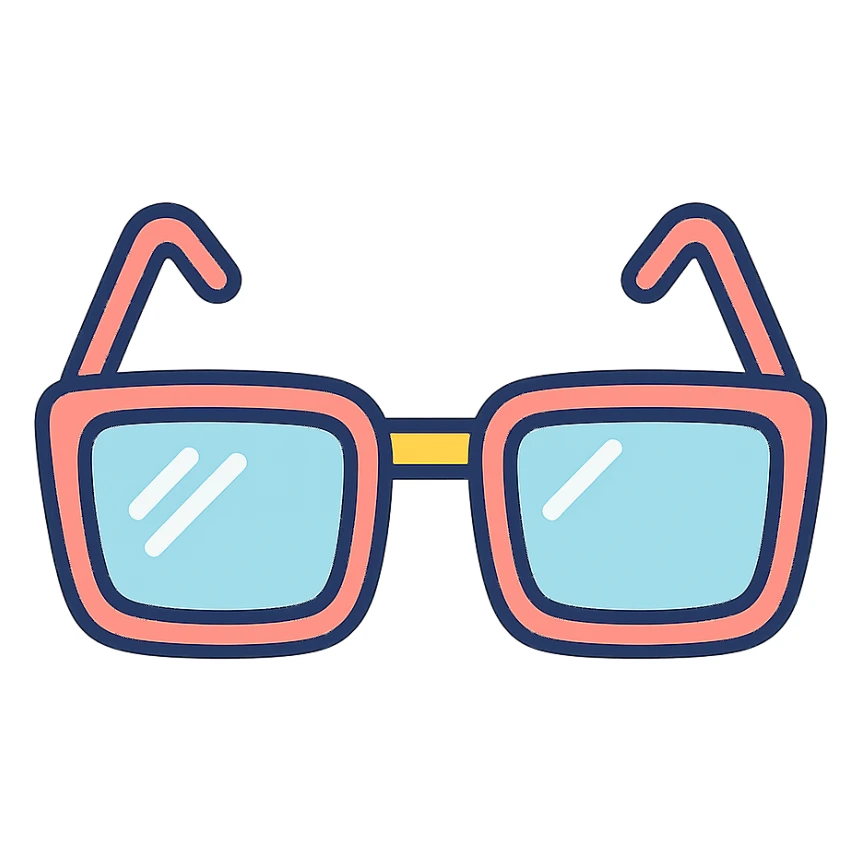 stylish eyeglasses for vision with diopters, rectangular frame, front view, vector look with shadows and glare, detailed shading, thin clean outlines, pastel palette, Japanese pop art, sticker look, highly detailed, transparent background sticker