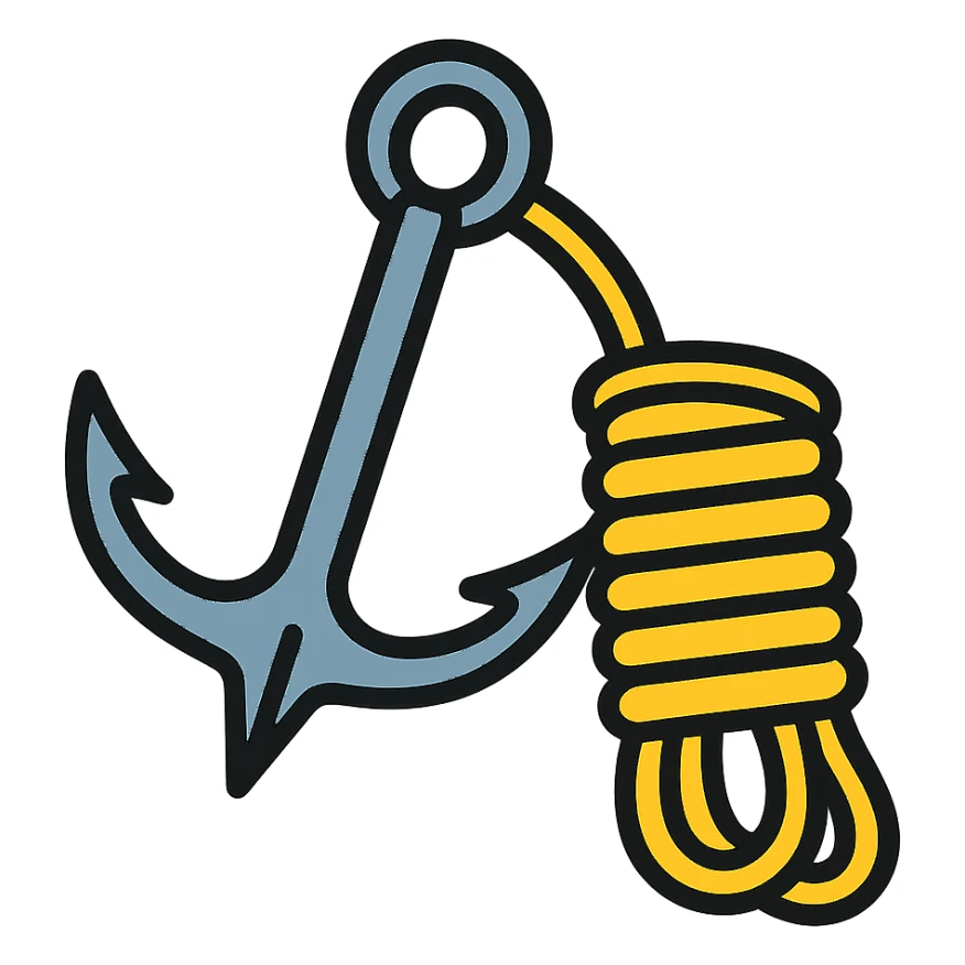 a grappling hook, metallic, coiled rope, dynamic angle, color outline icon style sticker
