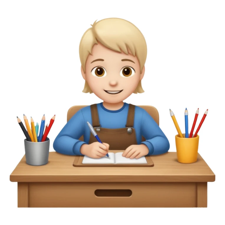 a smiling child working hard ata a desk sticker
