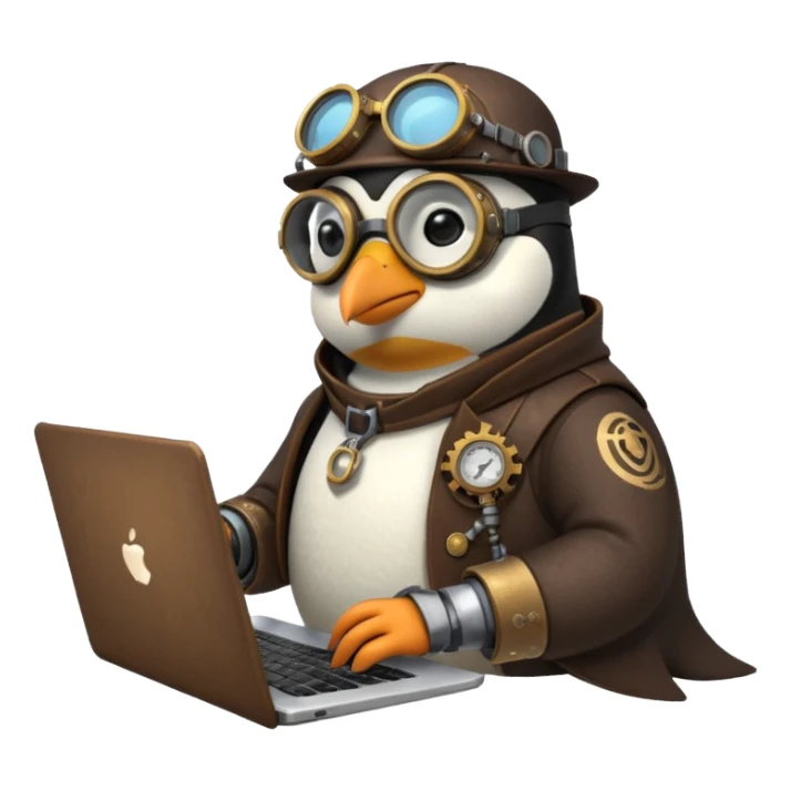 an steampunk engineer penguin writing code on a laptop sticker