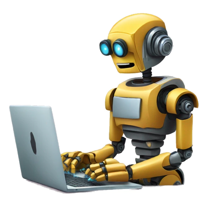 robot sitting in front of a laptop writing some sourcecode sticker