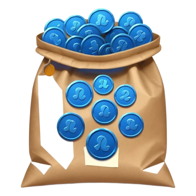 blue coins inside a brown bag  sticker