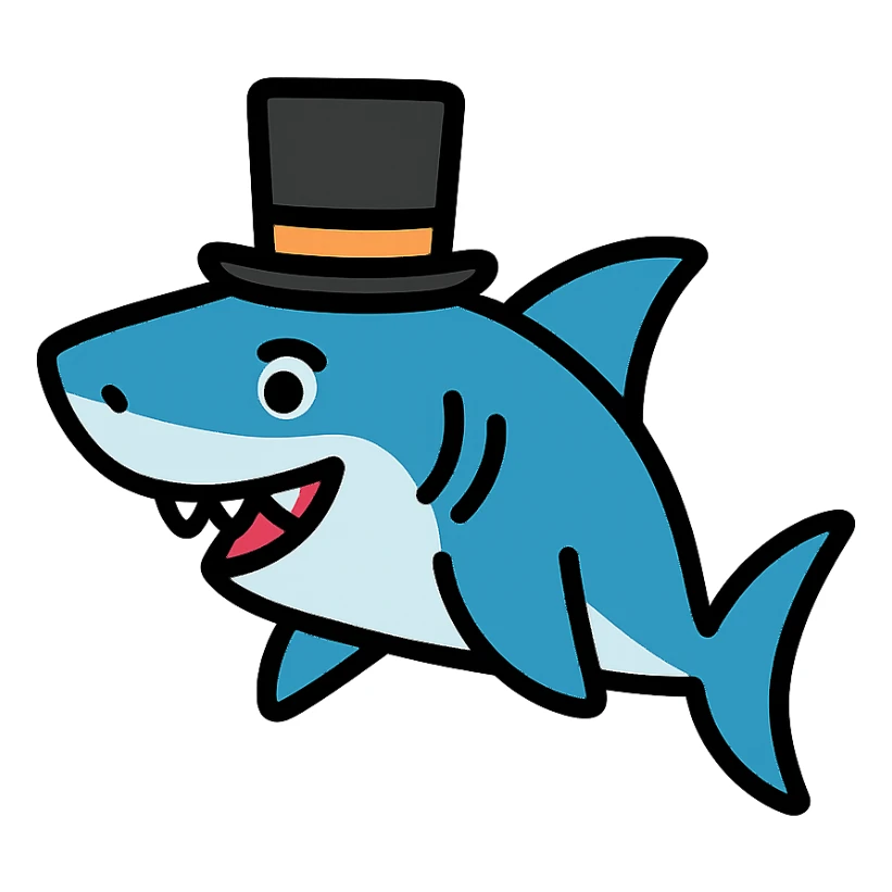 shark wearing a top hat, color icon sticker
