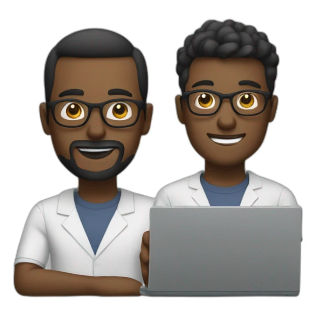 two tech guys with specs working on a laptop sticker