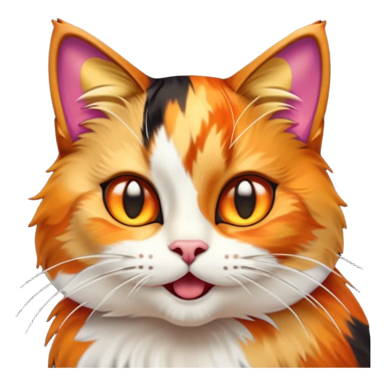 Cinematic Comical Calico Cat Portrait Emoji, Head tilted dramatically with an exaggeratedly surprised expression, showcasing a vibrant patchwork fur of orange, black, and white with wide, comically expressive eyes, simplified yet hilariously detailed, glowing with a sassy, golden radiance, high shine, exuding playful mischief and cheeky feline attitude, styled with a soft glowing outline, capturing the essence of a calico cat that looks ready to leap off the screen with mischievous flair! sticker
