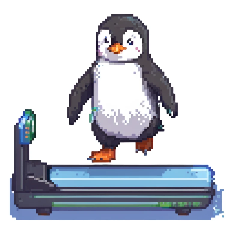 A penguin running on the treadmill sticker