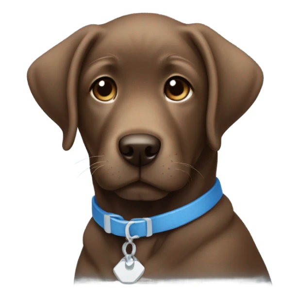 Brown lab puppy with small white patch on chest and subtle blue collar sticker