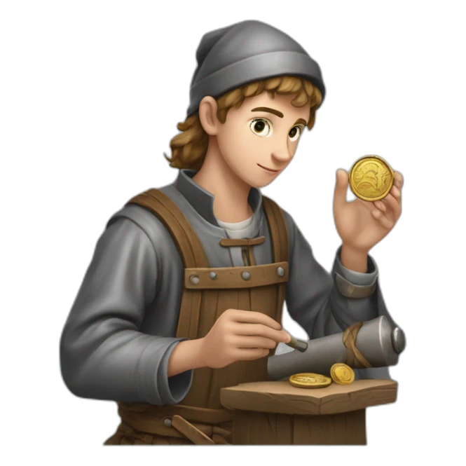 young coin engraver apprentice yielding tool, medieval age sticker