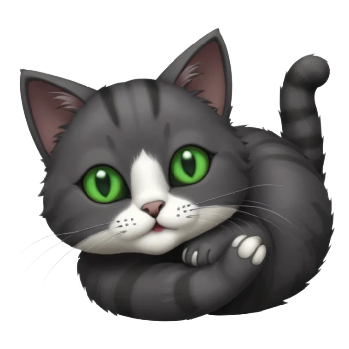 solid dark grey cat with green eyes, completely solid grey face, white toes/paws playing rolling upside down sticker