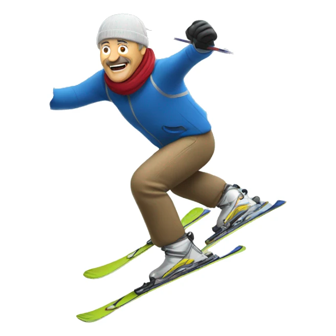 Middle aged man skiing and hitting a tree sticker