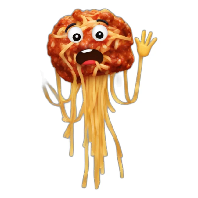 Spaghetti and meatballs with a face, arms and legs, doing something random sticker