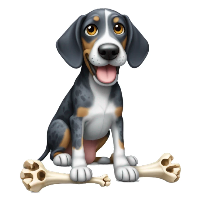 Miniature bluetick hound with a bone sticker