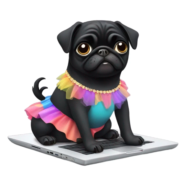Black pug using a laptop while wearing a tutu dress sticker