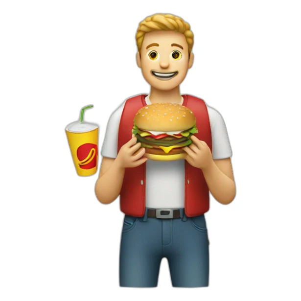 a man eating burger and Macdonald logo sticker