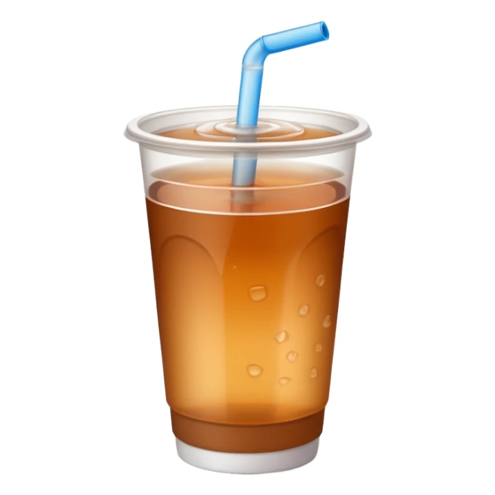 Open plastic cup with cold brown mate tea, no straw. sticker