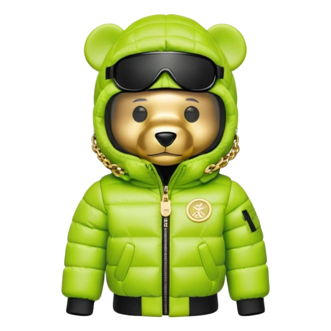 bearbrick in lime balaclava with logos where eye section is a single continuous dark visor lens integrated directly into the mask fabric, not additional eyewear, luxury puffy jacket with fur, gold chains sticker