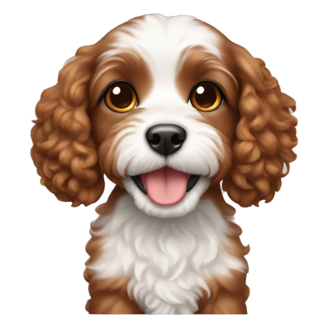 cavapoo puppy with dark red hair and white bell sticker