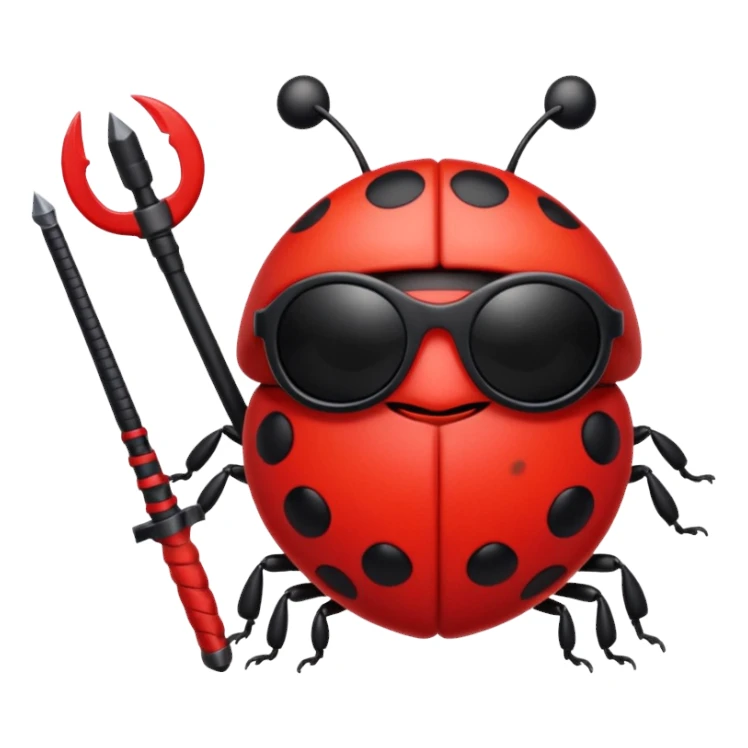 an evil ladybug with dark sunglasses and a weapon sticker