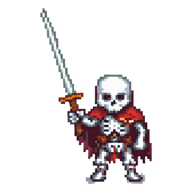skeleton warrior wielding a sword, pixel art style sticker