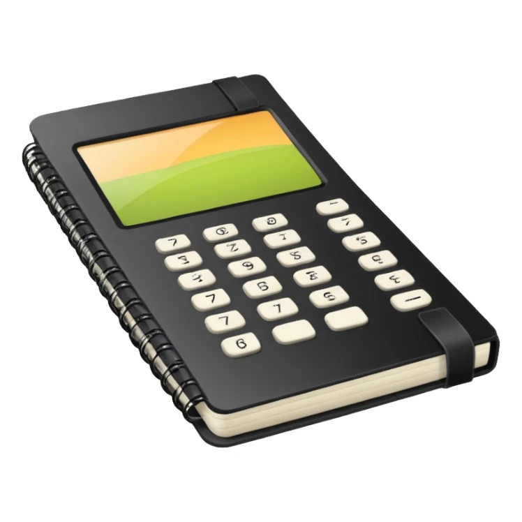 Minimalistic flat vector icon, iOS style, thin black contour on white background. Small black notebook with visible binding, placed next to a calculator. Clean, modern, no text, no shadows. sticker