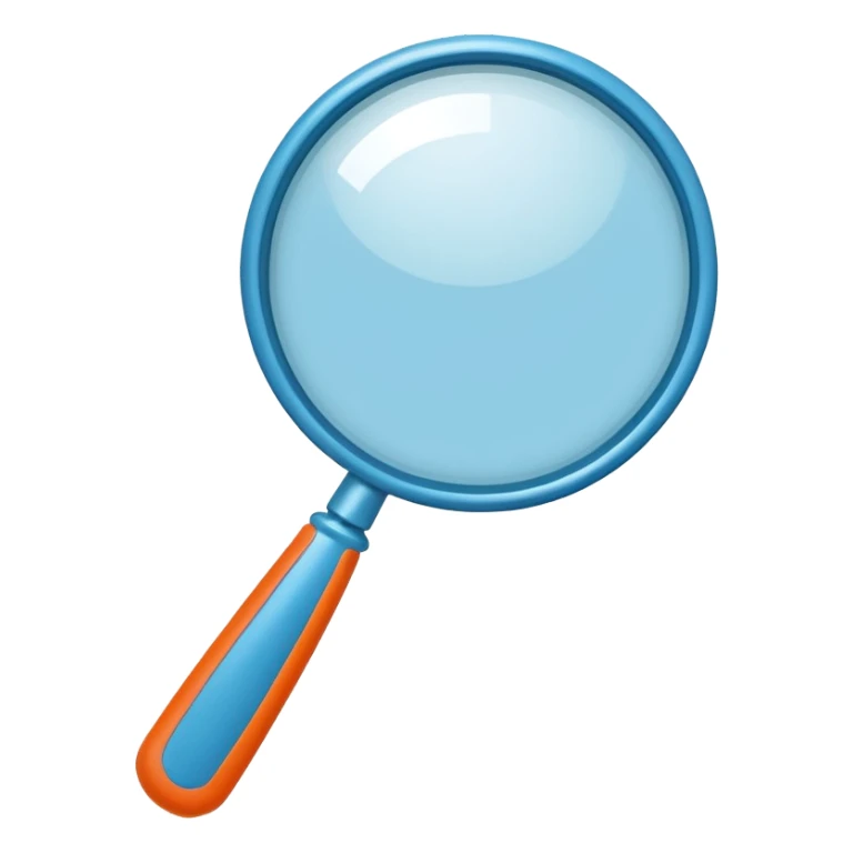 A stylized blue magnifying glass tilted right, flat design, minimalist, vibrant orange handle, white circular background, high resolution, 2048x2048 pixels, vector art, clean lines sticker
