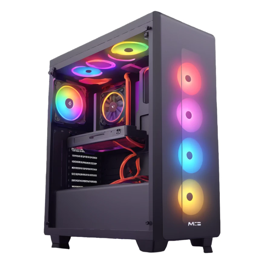 gaming PC tower with RGB lighting sticker