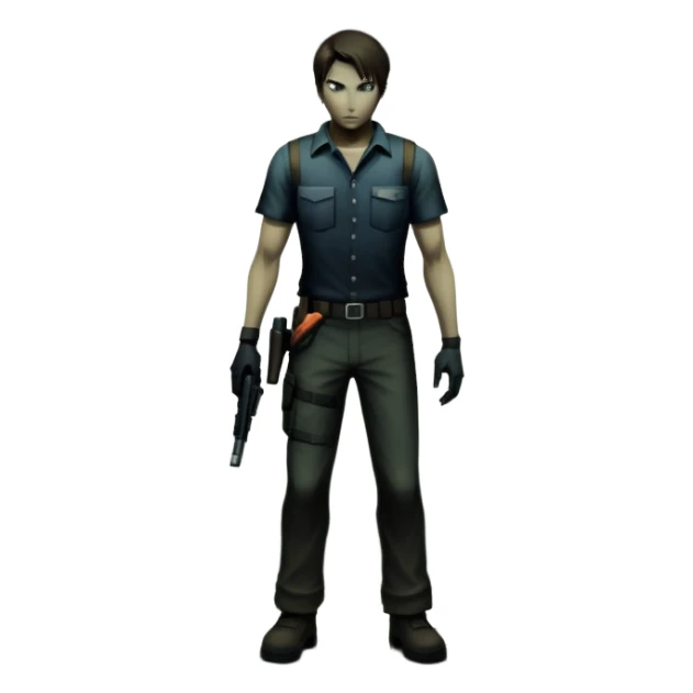 An icon featuring a dark, eerie atmosphere with a spooky environment, inspired by horror games like Resident Evil. The design includes ominous lighting, creepy shadows, and a silhouette of a character in distress. Transparent background enhances the chilling vibe of the scene. sticker