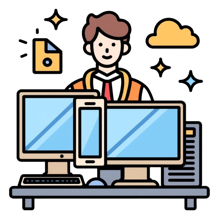 Senior IT Specialist with advanced workstation, multiple monitors, server, cloud icons, leadership symbols sticker