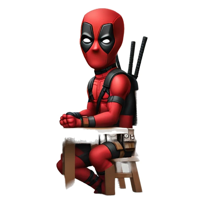 Cute Deadpool sitting at a desk, front view sticker