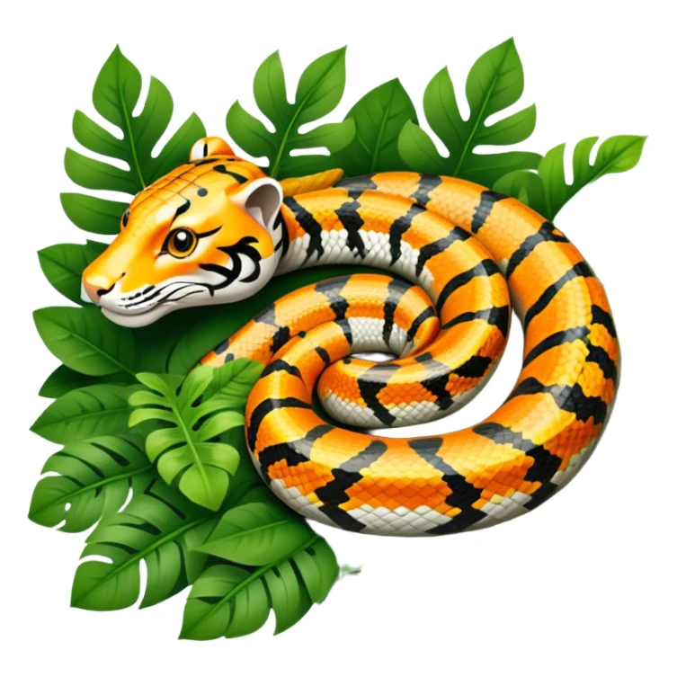 Tiger python coiled up on the ground, blending with the dense jungle foliage. Its distinct orange and black stripes stand out against the vibrant green of leaves and plants. Sunlight filters through the trees, highlighting the snake's patterned scales. Transparent background. sticker