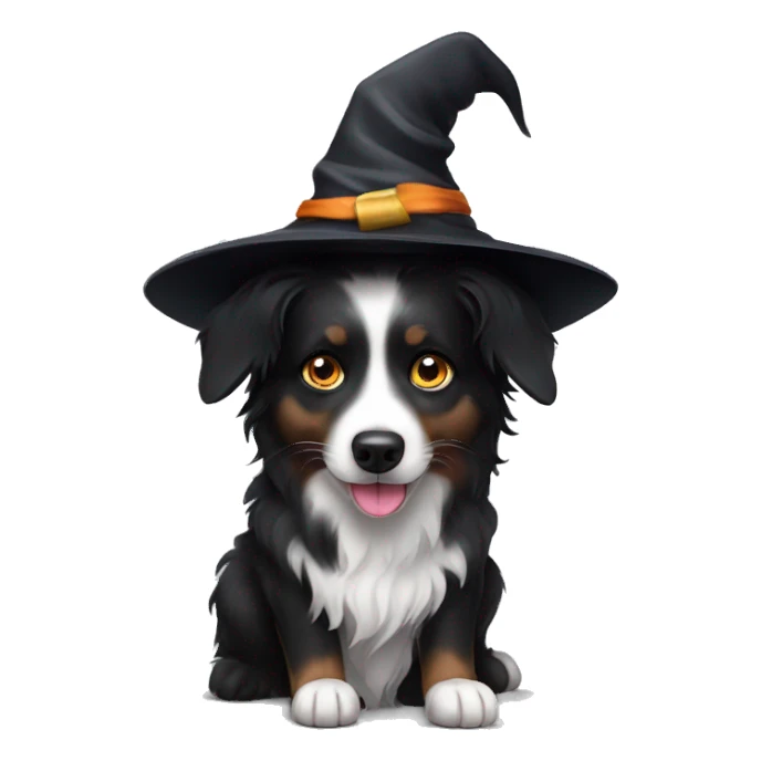 Small black australian shepherd dog witch hat sticker