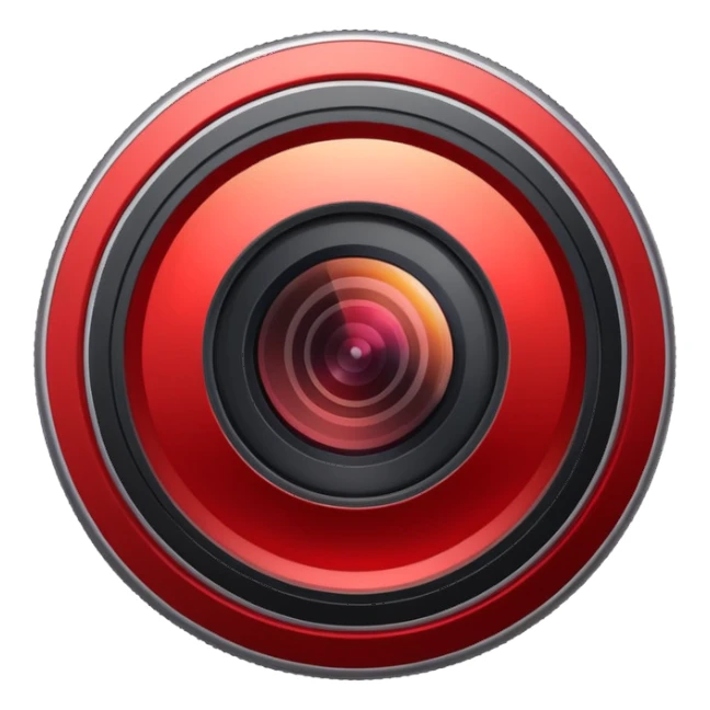 A round camera lens, minimalist, with highlights, red sticker