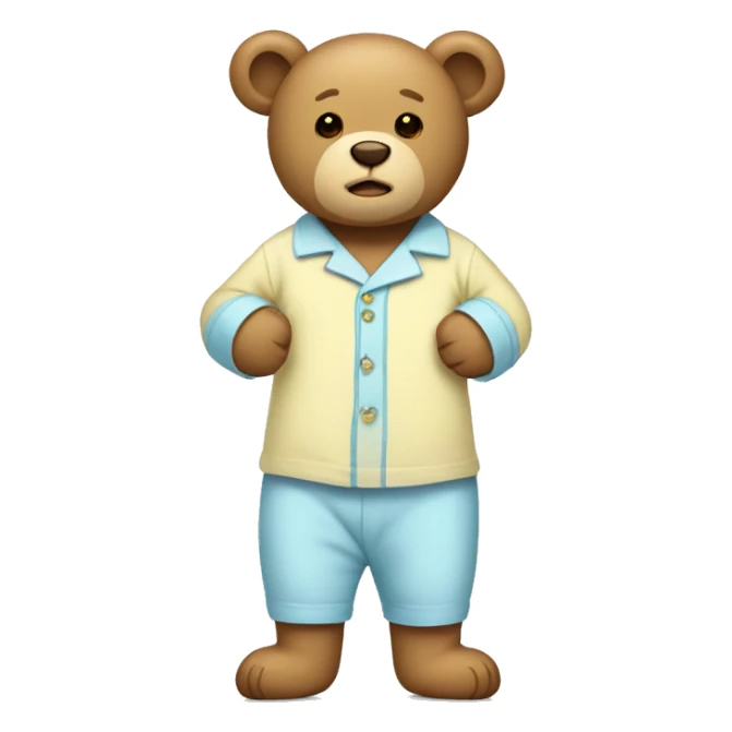 Light brown teddy bear with a light blue Pyjamas, with two light yellow buttons on the pyjamas sticker