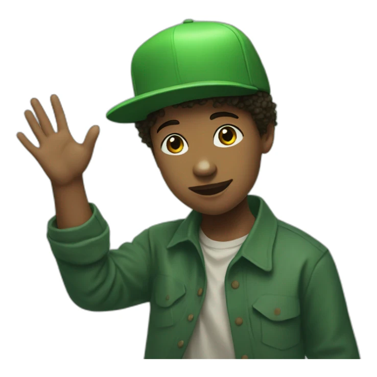 a boy wearing a green hat and holding his hands up, a digital rendering, remodernism, official art sticker