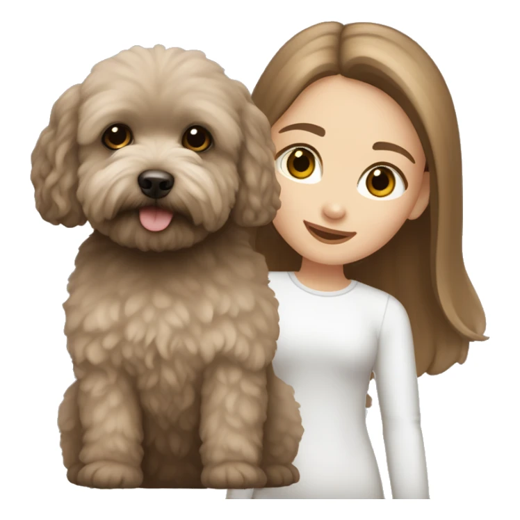 White Girl with brown long straight hair, holding a dark gray maltipoo with a white snout sticker